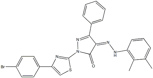 1-[4-(4-bromophenyl)-1,3-thiazol-2-yl]-3-phenyl-1H-pyrazole-4,5-dione 4-[(2,3-dimethylphenyl)hydrazone],,结构式