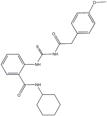 N-cyclohexyl-2-[({[(4-methoxyphenyl)acetyl]amino}carbothioyl)amino]benzamide 化学構造式