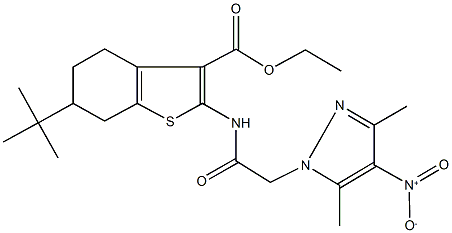 ethyl 6-tert-butyl-2-[({4-nitro-3,5-dimethyl-1H-pyrazol-1-yl}acetyl)amino]-4,5,6,7-tetrahydro-1-benzothiophene-3-carboxylate Structure