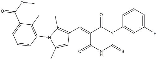 methyl 3-{3-[(1-(3-fluorophenyl)-4,6-dioxo-2-thioxotetrahydropyrimidin-5(2H)-ylidene)methyl]-2,5-dimethyl-1H-pyrrol-1-yl}-2-methylbenzoate Struktur