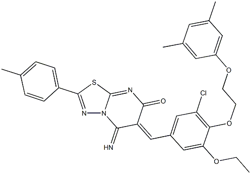 6-{3-chloro-4-[2-(3,5-dimethylphenoxy)ethoxy]-5-ethoxybenzylidene}-5-imino-2-(4-methylphenyl)-5,6-dihydro-7H-[1,3,4]thiadiazolo[3,2-a]pyrimidin-7-one,,结构式