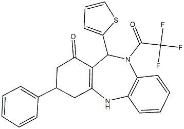 3-phenyl-11-(2-thienyl)-10-(trifluoroacetyl)-2,3,4,5,10,11-hexahydro-1H-dibenzo[b,e][1,4]diazepin-1-one 化学構造式