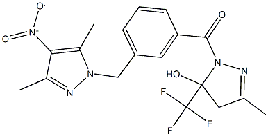 1-[3-({4-nitro-3,5-dimethyl-1H-pyrazol-1-yl}methyl)benzoyl]-3-methyl-5-(trifluoromethyl)-4,5-dihydro-1H-pyrazol-5-ol 结构式