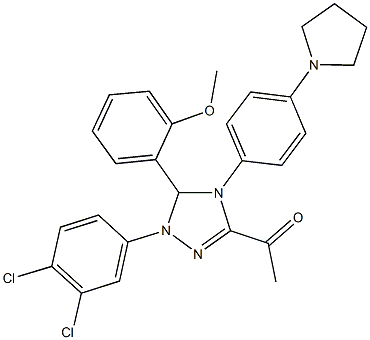 1-{1-(3,4-dichlorophenyl)-5-(2-methoxyphenyl)-4-[4-(1-pyrrolidinyl)phenyl]-4,5-dihydro-1H-1,2,4-triazol-3-yl}ethanone 化学構造式