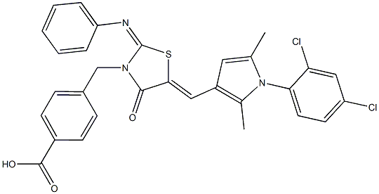 4-{[5-{[1-(2,4-dichlorophenyl)-2,5-dimethyl-1H-pyrrol-3-yl]methylene}-4-oxo-2-(phenylimino)-1,3-thiazolidin-3-yl]methyl}benzoic acid Struktur