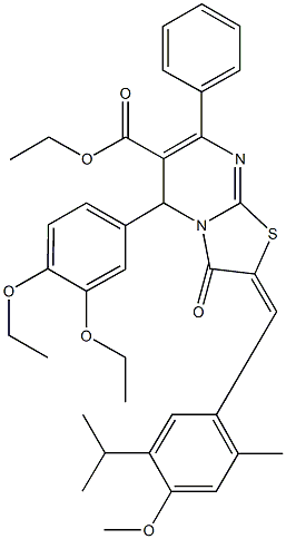 ethyl 5-(3,4-diethoxyphenyl)-2-(5-isopropyl-4-methoxy-2-methylbenzylidene)-3-oxo-7-phenyl-2,3-dihydro-5H-[1,3]thiazolo[3,2-a]pyrimidine-6-carboxylate 化学構造式