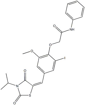 2-{2-iodo-4-[(3-isopropyl-2,4-dioxo-1,3-thiazolidin-5-ylidene)methyl]-6-methoxyphenoxy}-N-phenylacetamide 化学構造式