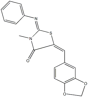 5-(1,3-benzodioxol-5-ylmethylene)-3-methyl-2-(phenylimino)-1,3-thiazolidin-4-one,,结构式