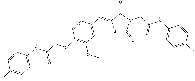 2-[4-({2,4-dioxo-3-[2-oxo-2-(4-toluidino)ethyl]-1,3-thiazolidin-5-ylidene}methyl)-2-methoxyphenoxy]-N-(4-fluorophenyl)acetamide,,结构式