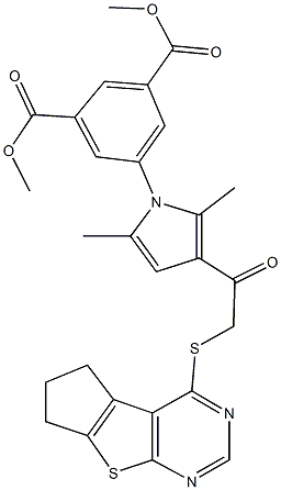 dimethyl 5-{3-[(6,7-dihydro-5H-cyclopenta[4,5]thieno[2,3-d]pyrimidin-4-ylsulfanyl)acetyl]-2,5-dimethyl-1H-pyrrol-1-yl}isophthalate 化学構造式