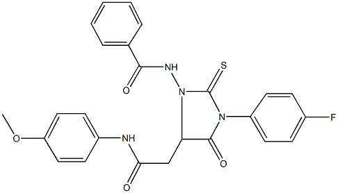 N-{3-(4-fluorophenyl)-5-[2-(4-methoxyanilino)-2-oxoethyl]-4-oxo-2-thioxo-1-imidazolidinyl}benzamide Struktur