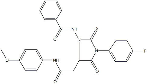 N-{3-(4-fluorophenyl)-5-[2-(4-methoxyanilino)-2-oxoethyl]-4-oxo-2-thioxo-1-imidazolidinyl}benzamide 化学構造式