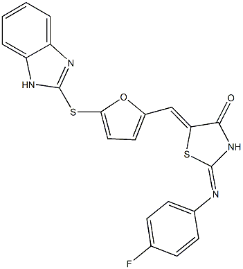 5-{[5-(1H-benzimidazol-2-ylsulfanyl)-2-furyl]methylene}-2-[(4-fluorophenyl)imino]-1,3-thiazolidin-4-one,,结构式