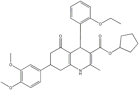 cyclopentyl 7-(3,4-dimethoxyphenyl)-4-(2-ethoxyphenyl)-2-methyl-5-oxo-1,4,5,6,7,8-hexahydro-3-quinolinecarboxylate,,结构式