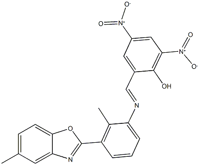 2,4-bisnitro-6-({[2-methyl-3-(5-methyl-1,3-benzoxazol-2-yl)phenyl]imino}methyl)phenol Struktur