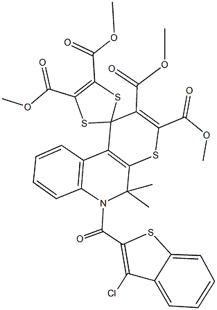 tetramethyl 6'-[(3-chloro-1-benzothien-2-yl)carbonyl]-5',5'-dimethyl-5',6'-dihydrospiro[1,3-dithiole-2,1'-(1'H)-thiopyrano[2,3-c]quinoline]-2',3',4,5-tetracarboxylate Structure