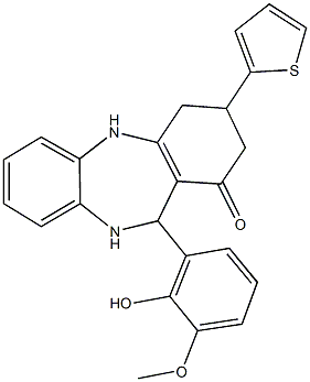 11-(2-hydroxy-3-methoxyphenyl)-3-(2-thienyl)-2,3,4,5,10,11-hexahydro-1H-dibenzo[b,e][1,4]diazepin-1-one,,结构式