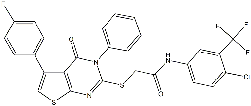 N-[4-chloro-3-(trifluoromethyl)phenyl]-2-{[5-(4-fluorophenyl)-4-oxo-3-phenyl-3,4-dihydrothieno[2,3-d]pyrimidin-2-yl]sulfanyl}acetamide 化学構造式