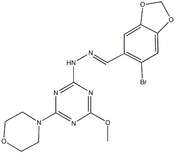 6-bromo-1,3-benzodioxole-5-carbaldehyde [4-methoxy-6-(4-morpholinyl)-1,3,5-triazin-2-yl]hydrazone 化学構造式