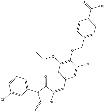 4-[(2-chloro-4-{[1-(3-chlorophenyl)-2,5-dioxo-4-imidazolidinylidene]methyl}-6-ethoxyphenoxy)methyl]benzoic acid 结构式