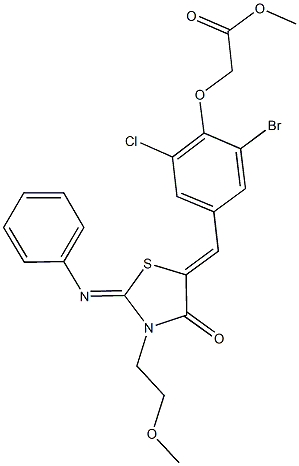methyl (2-bromo-6-chloro-4-{[3-(2-methoxyethyl)-4-oxo-2-(phenylimino)-1,3-thiazolidin-5-ylidene]methyl}phenoxy)acetate Struktur