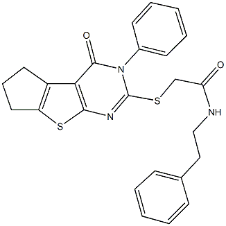 2-[(4-oxo-3-phenyl-3,5,6,7-tetrahydro-4H-cyclopenta[4,5]thieno[2,3-d]pyrimidin-2-yl)sulfanyl]-N-(2-phenylethyl)acetamide Struktur