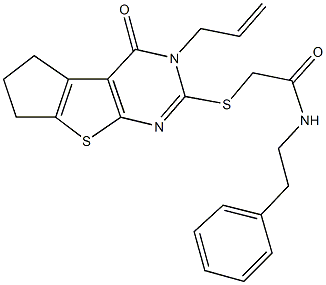 2-[(3-allyl-4-oxo-3,5,6,7-tetrahydro-4H-cyclopenta[4,5]thieno[2,3-d]pyrimidin-2-yl)sulfanyl]-N-(2-phenylethyl)acetamide 化学構造式