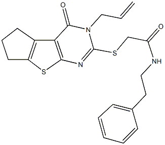 2-[(3-allyl-4-oxo-3,5,6,7-tetrahydro-4H-cyclopenta[4,5]thieno[2,3-d]pyrimidin-2-yl)sulfanyl]-N-(2-phenylethyl)acetamide Struktur