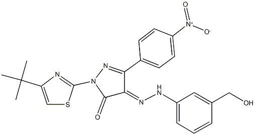 1-(4-tert-butyl-1,3-thiazol-2-yl)-3-{4-nitrophenyl}-1H-pyrazole-4,5-dione 4-{[3-(hydroxymethyl)phenyl]hydrazone} Struktur