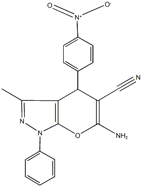 6-amino-4-{4-nitrophenyl}-3-methyl-1-phenyl-1,4-dihydropyrano[2,3-c]pyrazole-5-carbonitrile 结构式