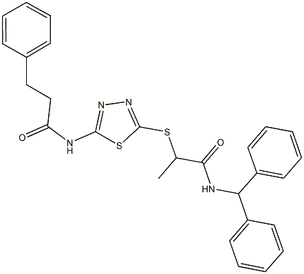 N-benzhydryl-2-({5-[(3-phenylpropanoyl)amino]-1,3,4-thiadiazol-2-yl}sulfanyl)propanamide Struktur