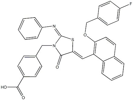 4-{[5-({2-[(4-fluorobenzyl)oxy]-1-naphthyl}methylene)-4-oxo-2-(phenylimino)-1,3-thiazolidin-3-yl]methyl}benzoic acid Struktur