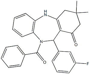 10-benzoyl-11-(3-fluorophenyl)-3,3-dimethyl-2,3,4,5,10,11-hexahydro-1H-dibenzo[b,e][1,4]diazepin-1-one 结构式