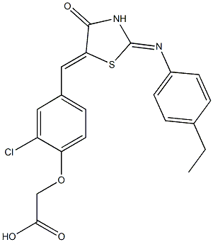 [2-chloro-4-({2-[(4-ethylphenyl)imino]-4-oxo-1,3-thiazolidin-5-ylidene}methyl)phenoxy]acetic acid 化学構造式