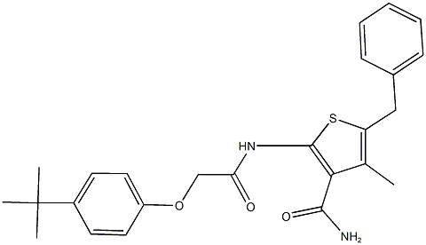 5-benzyl-2-{[(4-tert-butylphenoxy)acetyl]amino}-4-methylthiophene-3-carboxamide Struktur
