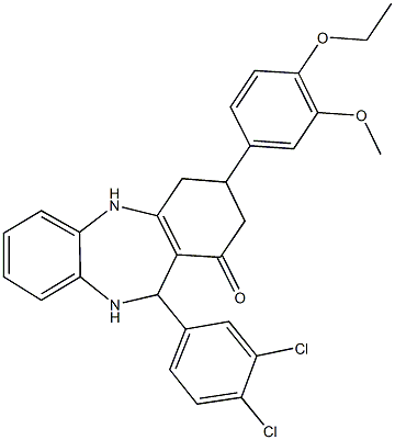 11-(3,4-dichlorophenyl)-3-(4-ethoxy-3-methoxyphenyl)-2,3,4,5,10,11-hexahydro-1H-dibenzo[b,e][1,4]diazepin-1-one 化学構造式