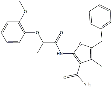 5-benzyl-2-{[2-(2-methoxyphenoxy)propanoyl]amino}-4-methyl-3-thiophenecarboxamide Struktur