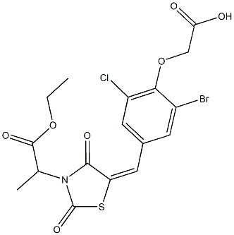 (2-bromo-6-chloro-4-{[3-(2-ethoxy-1-methyl-2-oxoethyl)-2,4-dioxo-1,3-thiazolidin-5-ylidene]methyl}phenoxy)acetic acid 化学構造式