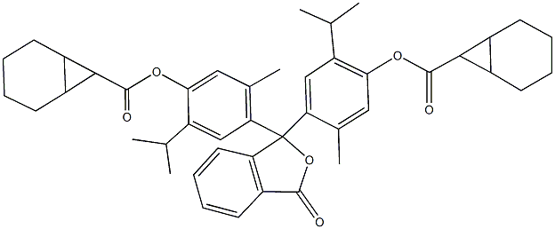 4-(1-{4-[(bicyclo[4.1.0]hept-7-ylcarbonyl)oxy]-5-isopropyl-2-methylphenyl}-3-oxo-1,3-dihydro-2-benzofuran-1-yl)-2-isopropyl-5-methylphenyl bicyclo[4.1.0]heptane-7-carboxylate 化学構造式