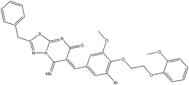 2-benzyl-6-{3-bromo-5-methoxy-4-[2-(2-methoxyphenoxy)ethoxy]benzylidene}-5-imino-5,6-dihydro-7H-[1,3,4]thiadiazolo[3,2-a]pyrimidin-7-one Structure