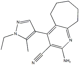 2-amino-4-(1-ethyl-5-methyl-1H-pyrazol-4-yl)-6,7,8,9-tetrahydro-5H-cyclohepta[b]pyridine-3-carbonitrile Struktur