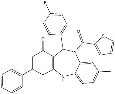 11-(4-fluorophenyl)-8-methyl-3-phenyl-10-(thien-2-ylcarbonyl)-2,3,4,5,10,11-hexahydro-1H-dibenzo[b,e][1,4]diazepin-1-one Struktur