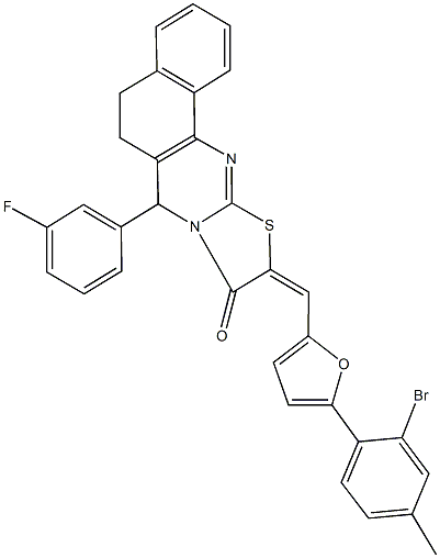 10-{[5-(2-bromo-4-methylphenyl)-2-furyl]methylene}-7-(3-fluorophenyl)-5,7-dihydro-6H-benzo[h][1,3]thiazolo[2,3-b]quinazolin-9(10H)-one Struktur