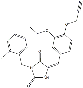 5-[3-ethoxy-4-(2-propynyloxy)benzylidene]-3-(2-fluorobenzyl)-2,4-imidazolidinedione 化学構造式