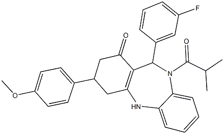 11-(3-fluorophenyl)-10-isobutyryl-3-(4-methoxyphenyl)-2,3,4,5,10,11-hexahydro-1H-dibenzo[b,e][1,4]diazepin-1-one 结构式