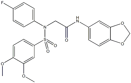 N-(1,3-benzodioxol-5-yl)-2-{[(3,4-dimethoxyphenyl)sulfonyl]-4-fluoroanilino}acetamide,,结构式