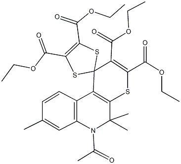 tetraethyl 6'-acetyl-5',5',8'-trimethyl-5',6'-dihydrospiro[1,3-dithiole-2,1'-(1'H)-thiopyrano[2,3-c]quinoline]-2',3',4,5-tetracarboxylate Structure