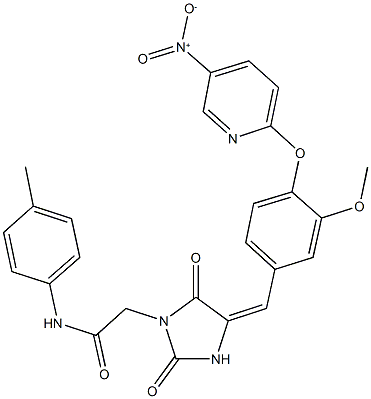 2-{4-[4-({5-nitro-2-pyridinyl}oxy)-3-methoxybenzylidene]-2,5-dioxo-1-imidazolidinyl}-N-(4-methylphenyl)acetamide Struktur