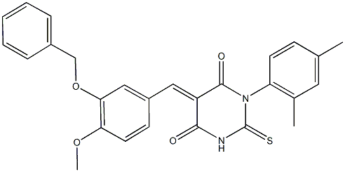 5-[3-(benzyloxy)-4-methoxybenzylidene]-1-(2,4-dimethylphenyl)-2-thioxodihydro-4,6(1H,5H)-pyrimidinedione,,结构式