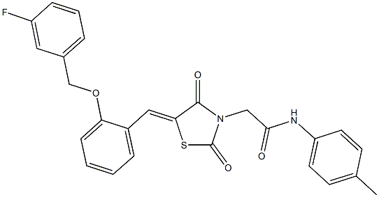 2-(5-{2-[(3-fluorobenzyl)oxy]benzylidene}-2,4-dioxo-1,3-thiazolidin-3-yl)-N-(4-methylphenyl)acetamide Struktur